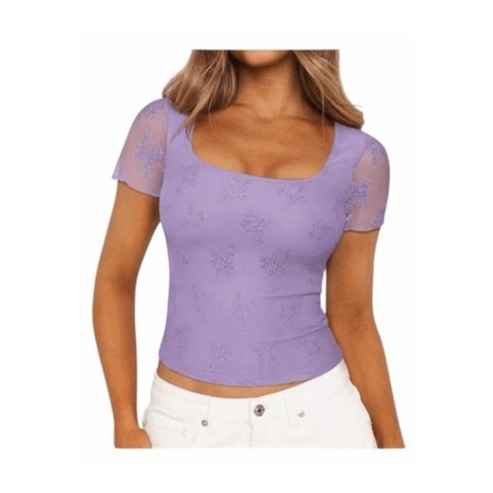 PinkMStyle Lace‎ Square Neck Short Sleeve Top Lilac Purple Stretch M